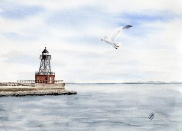 Poster DIN-A3 Aquarell Maritim Kunst Druck Kunstdruck Nordsee Wilhelmshaven Leuchtturm Mole Molenfeuer